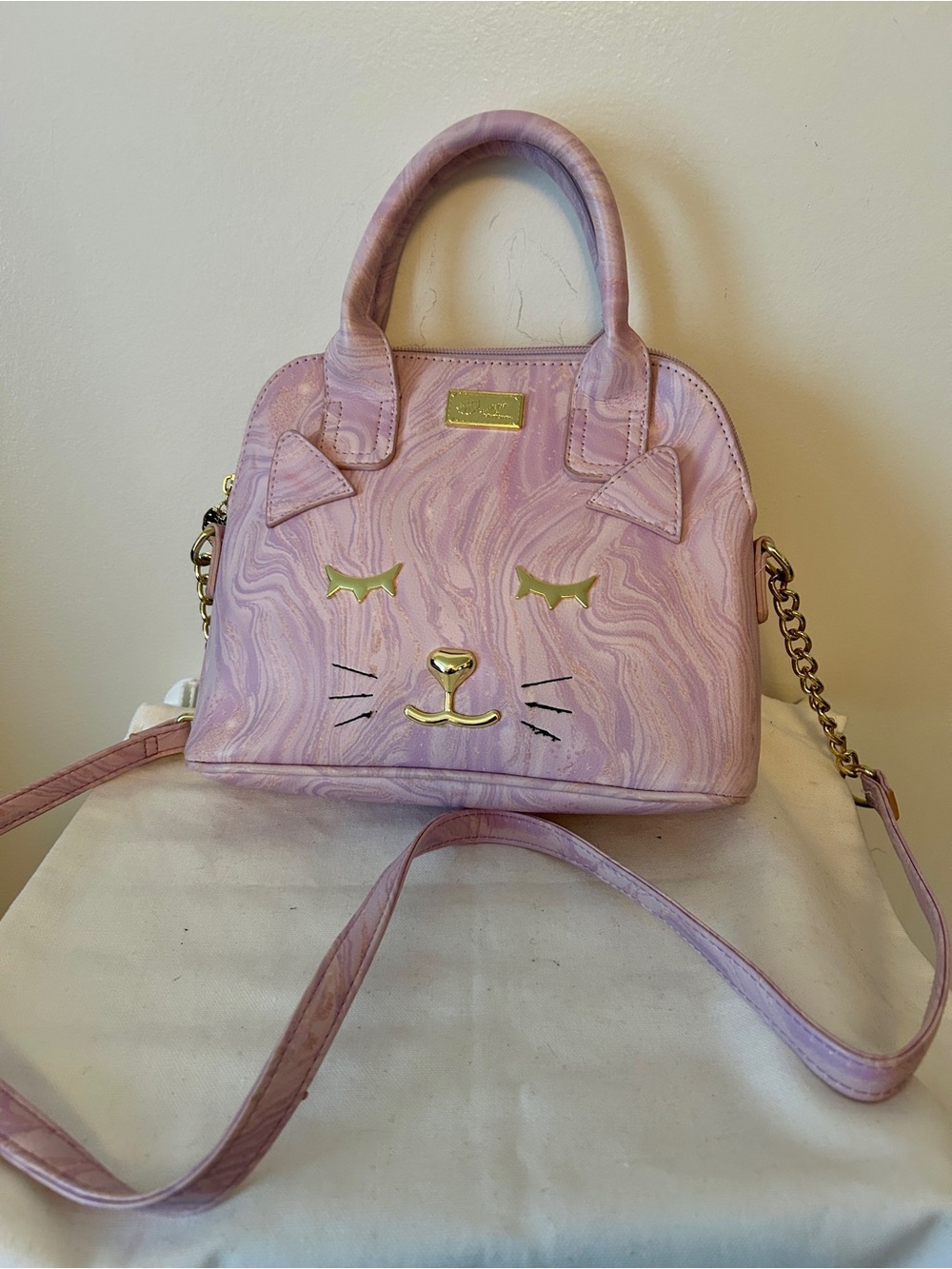 NWOT Betsey Johnson Luv Purple Gold Cat Purse Handbag Bag Designer Ani-mal